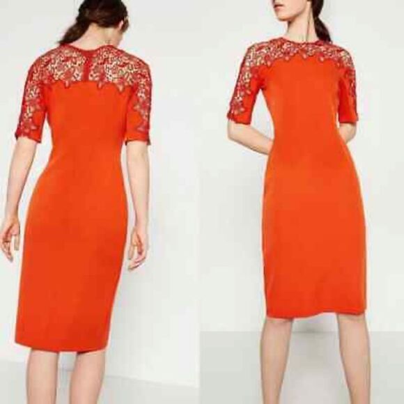 Zara Midi Dress Floral Lace Detail Orange Red Size Small - Picture 1 of 10